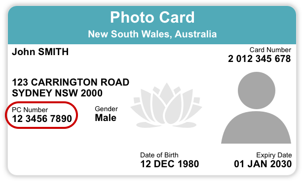 NSW photo card example with PC Number highlighted