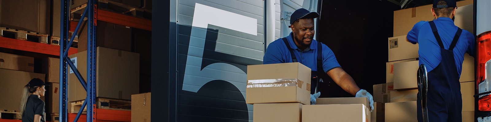 Workers unloading boxes from a van