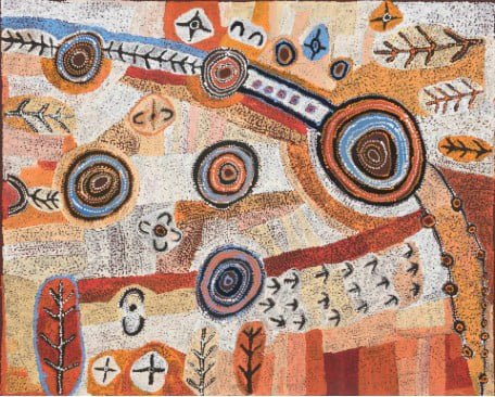 Indigenous artwork with circle and feather motifs