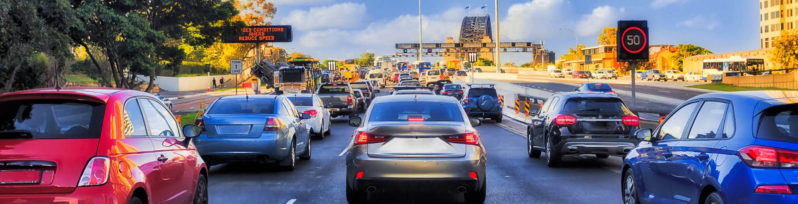 Driving in traffic over Sydney Harbour Bridge 