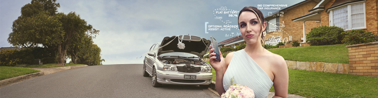Woman in wedding dress with broken down car